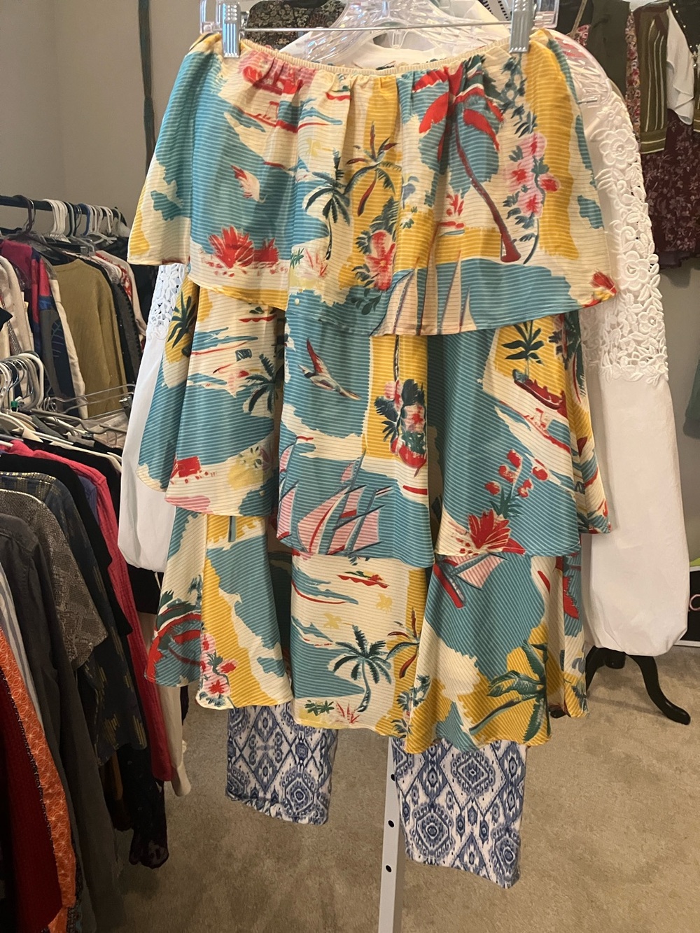 Tiered Tropical-Print Maxi Skirt/Mini Dress in Teal and Yellow - Picture 7 of 9